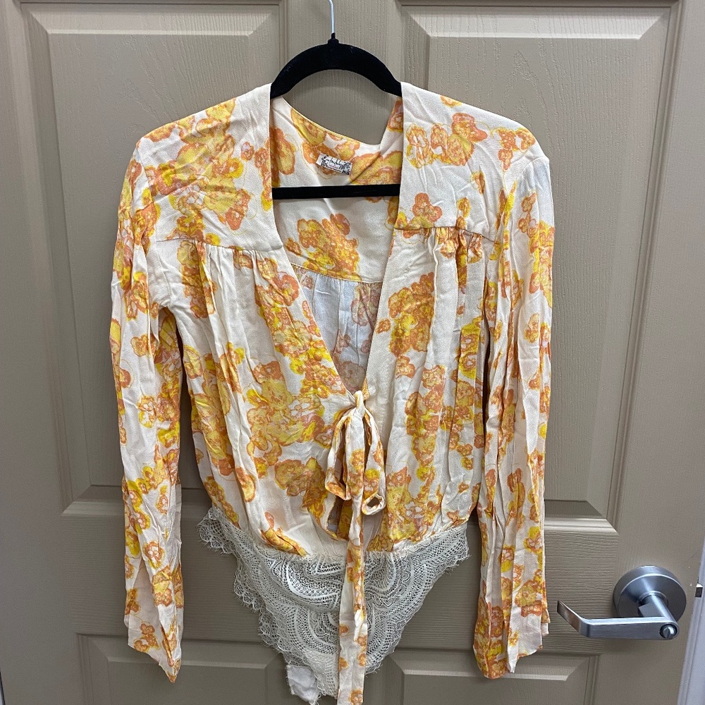 Free People Bodysuit, Size XS, Yellow Floral, NWOT
